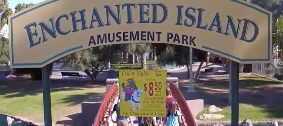 The entrance to Enchanted Island, Phoenix, Arizona. The amusement park claims to be 'filled with charm and magic.'